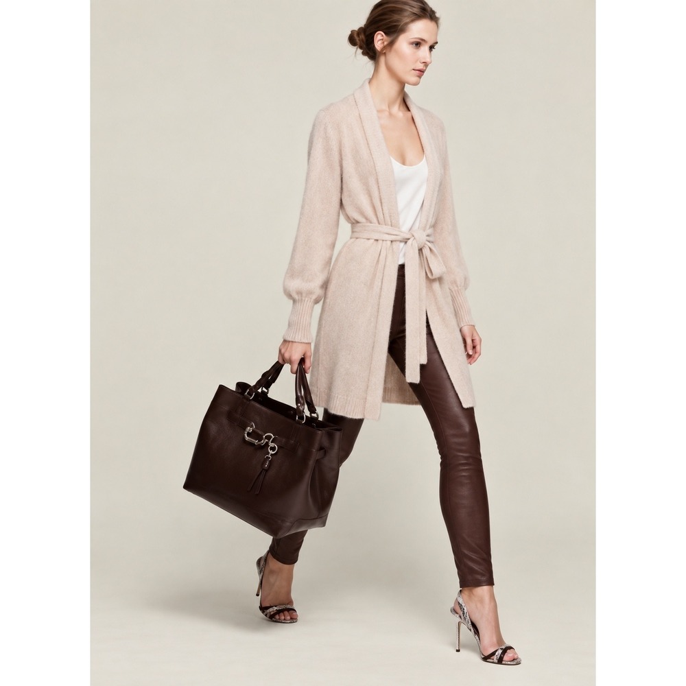 Reiss Long Cardigan Women Cream Angora Belted Puff Sleeve Shawl Collar XS